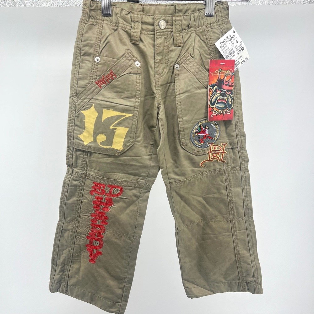 Y2K Ed Hardy Boys Cargo Pants Khaki‎ Size 6 Embroidered Patches Pockets NWT